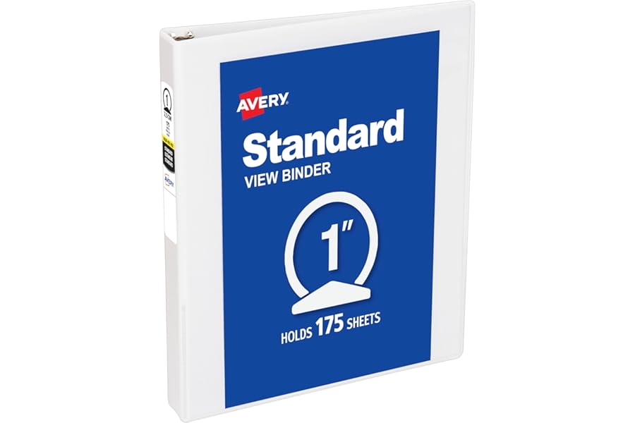 Avery Standard View 3 Ring Binder, 1" Round Rings, 175-Sheet Capacity, 1.4 Inch Wide Spine, 1 White Binder, Ideal for Lightweight Organization and Occasional Referencing (05711)