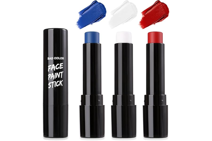 BADCOLOR 3PCS Blue White Red Face Body Paint Stick, Cream Blendable Eye Black for Softball Football Baseball Lacrosse American Flags, Professional Face Painting for Halloween SFX Independence Day
