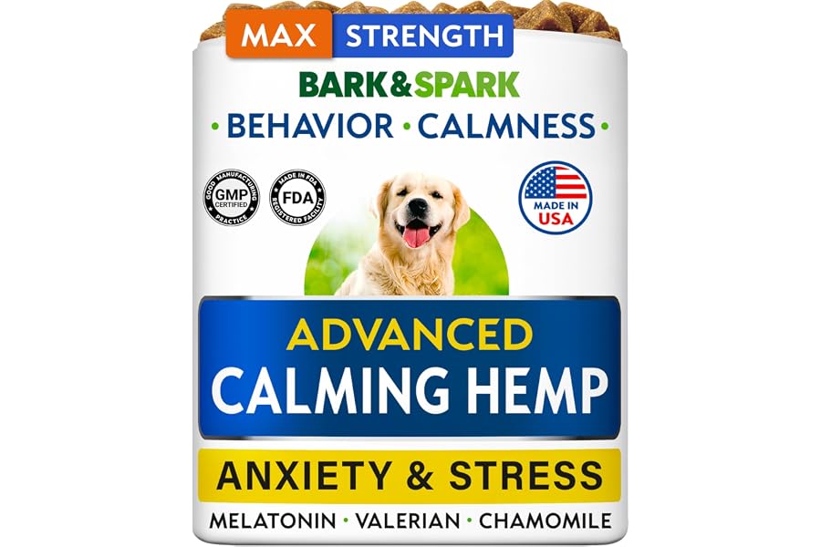 BARK&SPARK Advanced Calming Chews for Dogs - Separation Anxiety Relief for Dogs w/Hemp Oil + Melatonin - Relief During Fireworks, Storms - Aggressive Behavior, Barking, Stress Aid - 90Chews