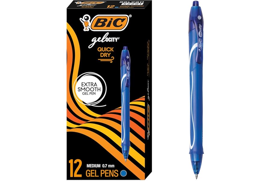 BIC Gelocity Quick Dry Blue Gel Pens, Medium Point (0.7 mm), School Supplies for Students and Teachers, with Full Grip, 12-Count Pack in Blue