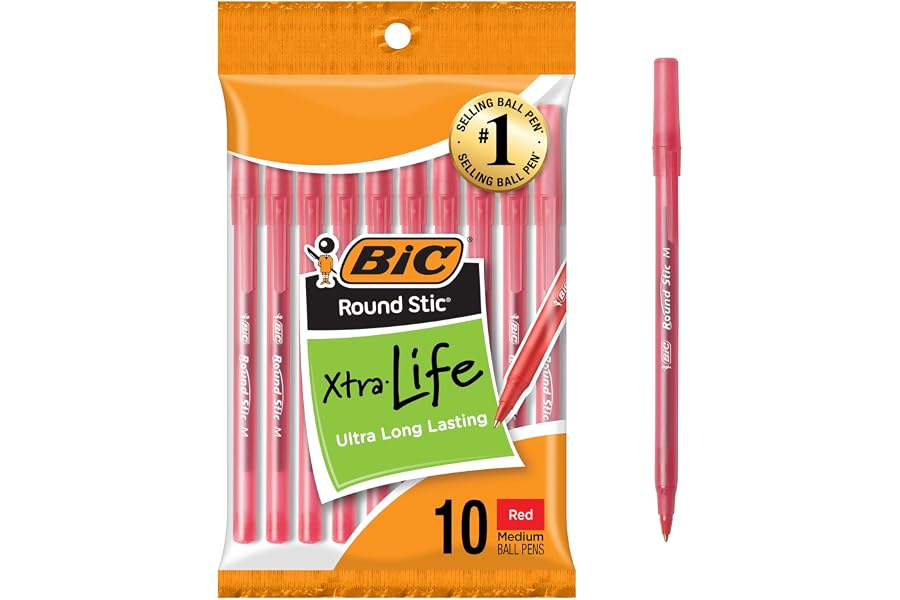 BIC Round Stic Xtra Life Red Ballpoint Pens, Medium Point (1.0mm), 10-Count Pack of Bulk Pens, Flexible Round Barrel for Writing Comfort, No. 1 Selling Ballpoint Pens
