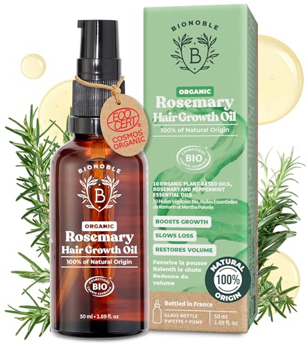 BIONOBLE Biologische Rozemarijnolie - Stimuleert Haargroei, Vertraagt Haaruitval - Hair Oil met Rozemarijn Etherische Olie - Vegan Rosemary Oil For Hair Growth - Glazen Fles, Pipet, Pompje - 50ml | 100% natuurlijke oorsprong – haargroeiolie, etherische olie van rozemarijn, rozemarijnolie voor haargroei – glazen fles