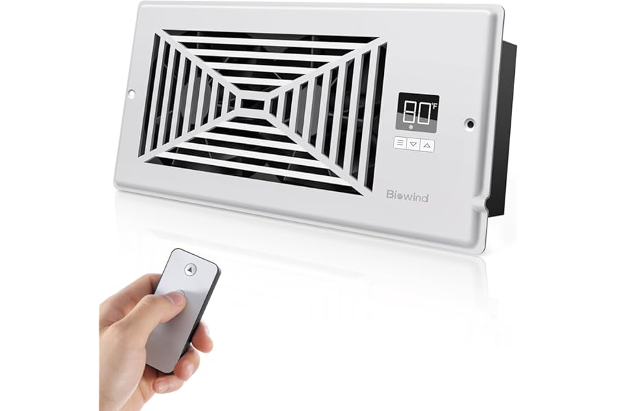 BIOWIND Quiet Register Booster Fan Fits 4" x 10" Register Holes, 10-Speed Smart Heating Cooling AC Vent Fan with Remote Control and Thermostat Control - White