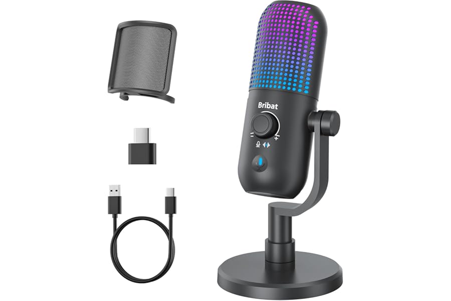 BRIBAT USB Microphone for PC Gaming,Streaming&Podcast,Plug & Play RGB Desktop Mic with One-Touch Mute,Cardioid Noise-Cancelin
