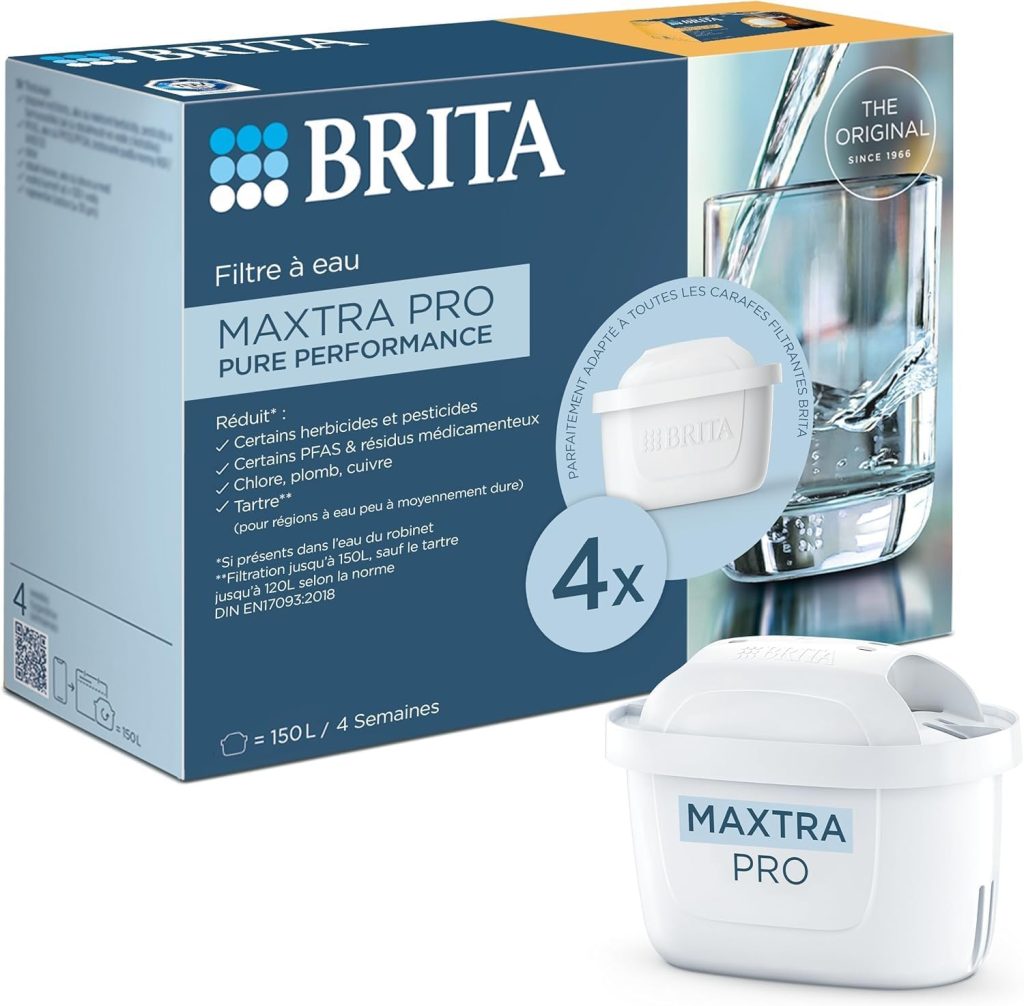 BRITA Cartouche Filtre à eau MAXTRA PRO Pure Performance (All-in-1) Pack de 4 - réduction** des micro-impuretés telles que certains PFAS***, métaux, chlore et tartre