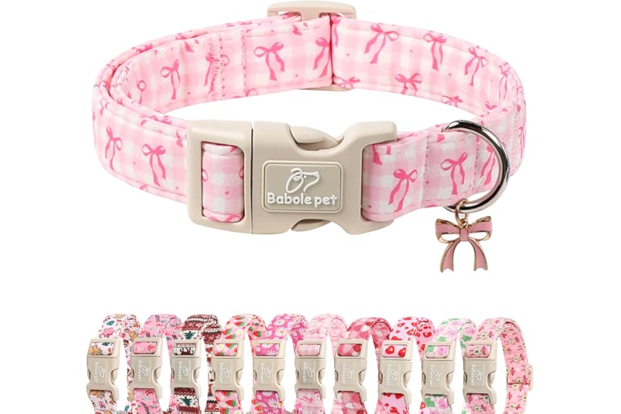 Babole Pet Girl Dog Collar for Small Dogs - Cute Pink Plaid & Bow Print Spring/Summer Puppy Collar, Soft Adjustable Holiday Female Dog Collars with Quick Release Buckle S