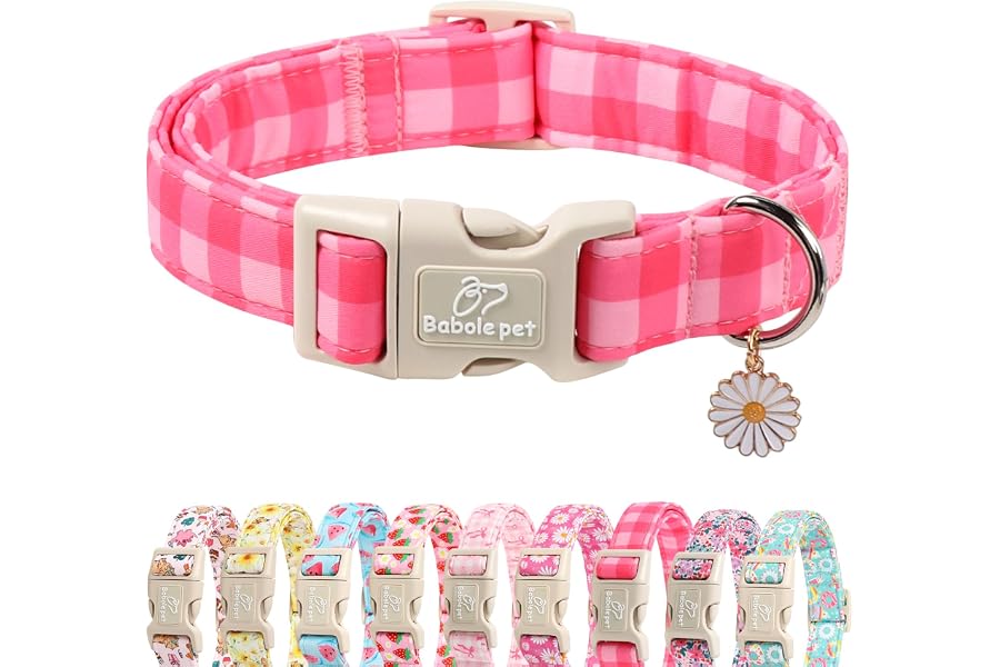 Babole Pet Girl Dog Collar for Small Dogs - Cute Pink Plaid Puppy Collar, Soft Adjustable Spring Summer Female Dog Collars with Quick Release Buckle S