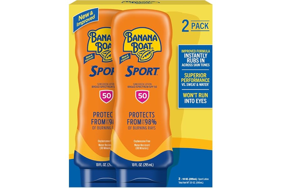 Banana Boat Sport Sunscreen Lotion, SPF 50, 10 Oz Each, Twin Pack | HIGH-PERFORMANCE SUNSCREEN with a non-greasy feel and won't clog pores