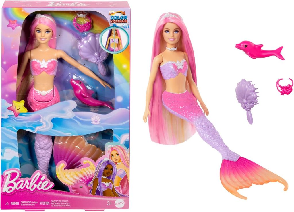 Barbie Poupée Sirène Malibu, Cheveux Roses et Dauphin | avec accessoires de coiffure, dauphin de compagnie et changement de couleur au contact de l'eau, HRP97