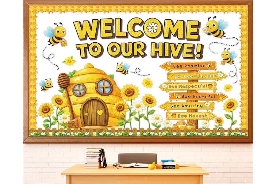 Bee Bulletin Board Classroom Decorations Welcome to Our Hive Bulletin Board Inspirational Quotes Signpost Paper Supplies Sunflower Honeycomb Cutouts for Back to School Teacher Students Wall Door Decor