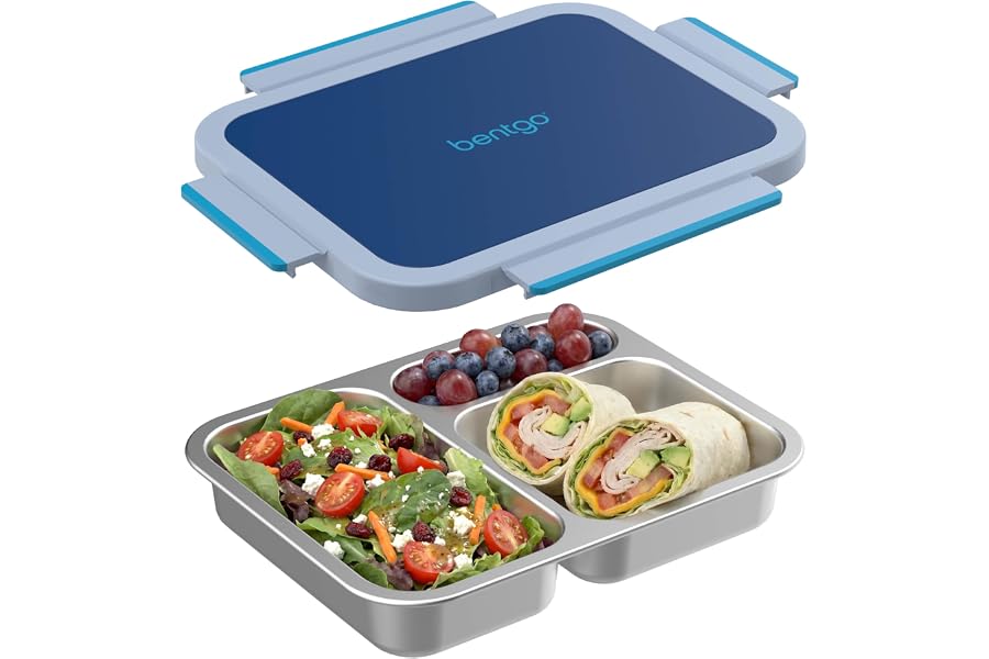 Bentgo Stainless Steel Lunch Box, Leak-Proof, 3 Compartments, 4.3 Cups | 18/8 Stainless Steel Tray, Easy-Open Clips, PFAS & BPA-Free, Top-Rack Dishwasher Safe, Ages 3+ (Navy)