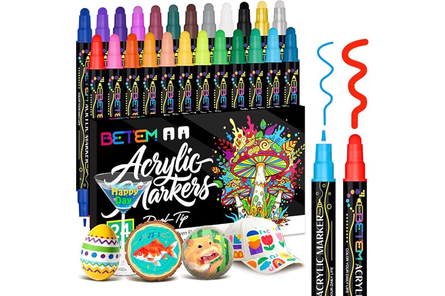 Betem 24 Colors Dual Tip Acrylic Paint Markers, Fabric Decorating Kits | Premium Water-Based Acrylic Paint Pens Art Supplies for Fabric, Rock, Wood, Glass, Canvas, Ceramic, Teacher Appreciation Gift