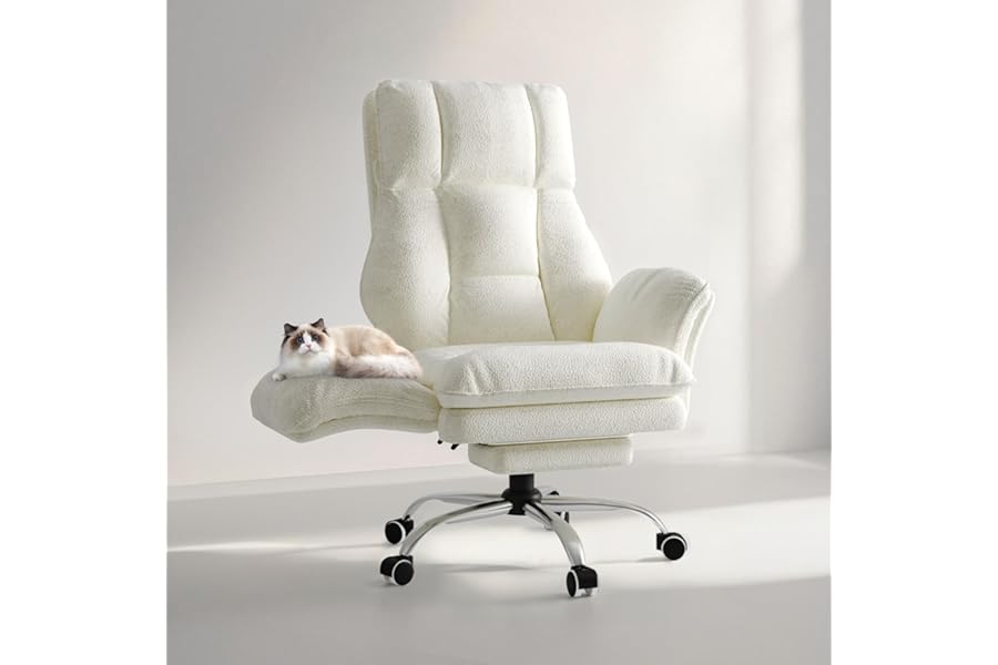Big and Tall Office Chair, Flip Armrests for Pets & Cross Legged Sitting, Executive Ergonomic Computer Gaming Chair with Foot Rest, Teddy Fleece Wide Seat Reclining Desk Chair, White Vanity Chair