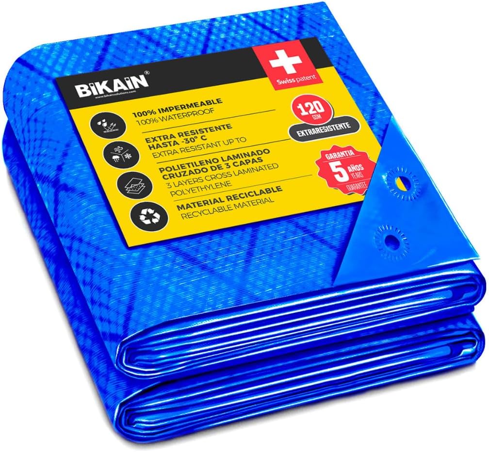 Bikain - Lona Impermeable Exterior - 2x3 Metros - 70g/m2 Reforzada - Argollas Antidesgarro - Toldo 100% Impermeable y 100% Protección UV - Cubretodo Múltiples Usos - 3 Capas Laminado Cruzado