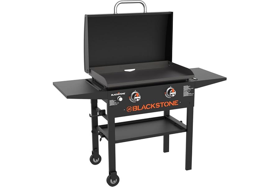 Blackstone 1883 Original 28" Omnivore Griddle with Hood, Black | Counter Height Side Shelves, Powder Coated Steel, 2 Burner, Propane