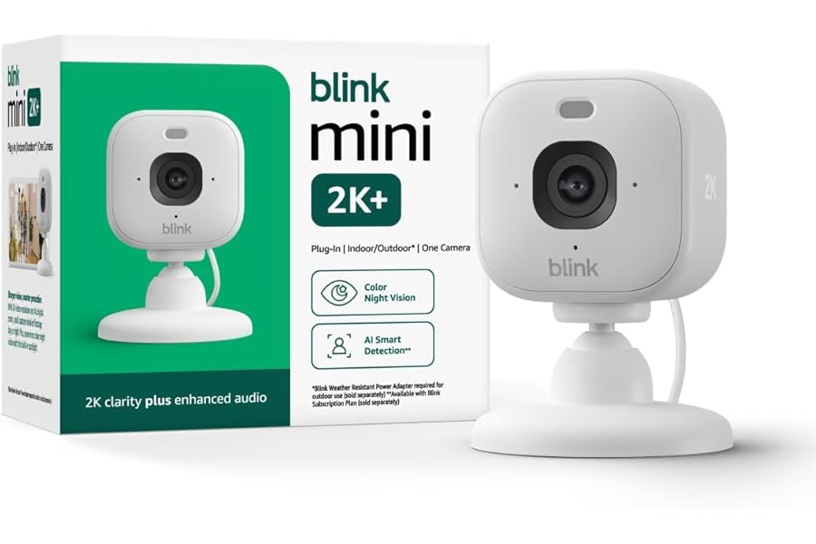 Blink Mini 2K+ (newest model) – Plug-in Home & Pet Indoor Security Camera with 2K video resolution, night vision, enhanced audio, motion detection – 1 camera (White)