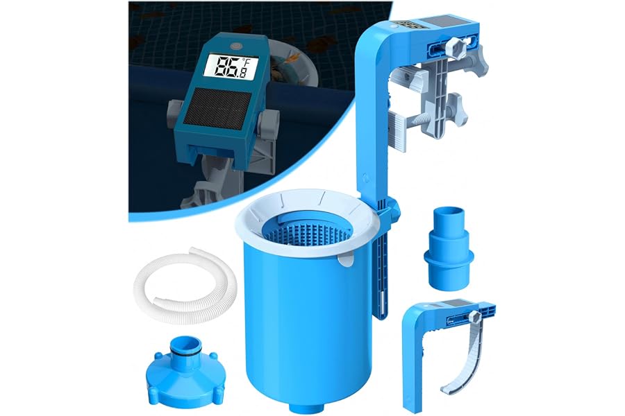 BluSwim Above Ground Pool Skimmer with Solar Digital Thermometer | Wall Mount Surface Skimmer - Auto Skimming Pool Floating Debris | 2 Upgraded Bracket - More Stable & Height Adjustable