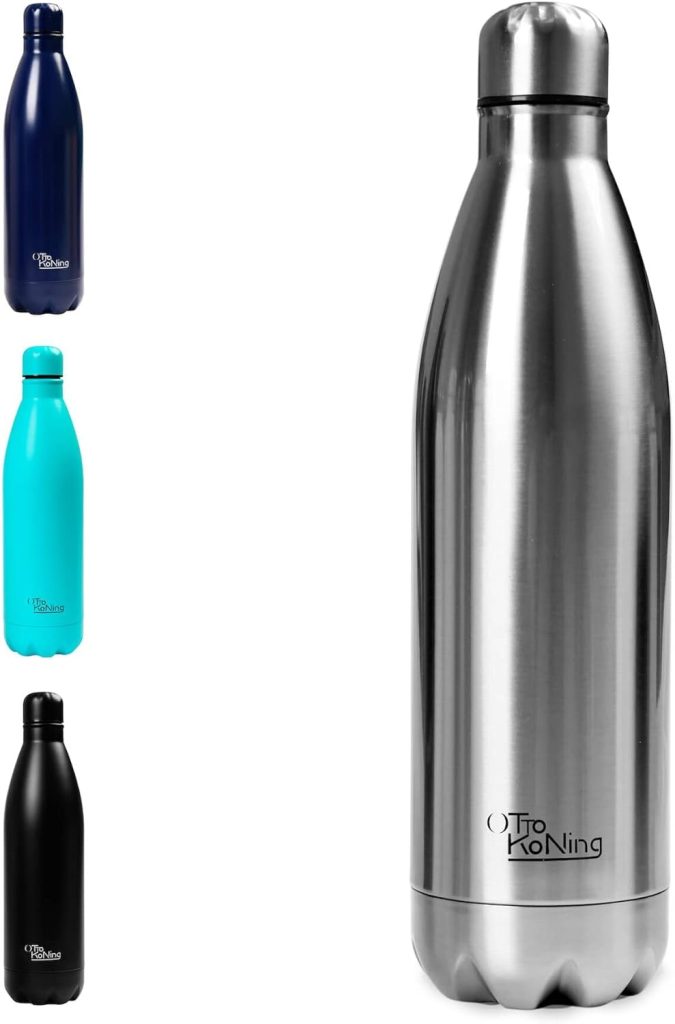 Botella de Agua Acero Inoxidable 1 Litro-Otto Koning-Botella Térmica con Doble Aislamiento al vacío para 12 Horas de Bebida Caliente y 24 Horas de Bebida Fría. Botella Termo a Prueba de Fugas sin BPA