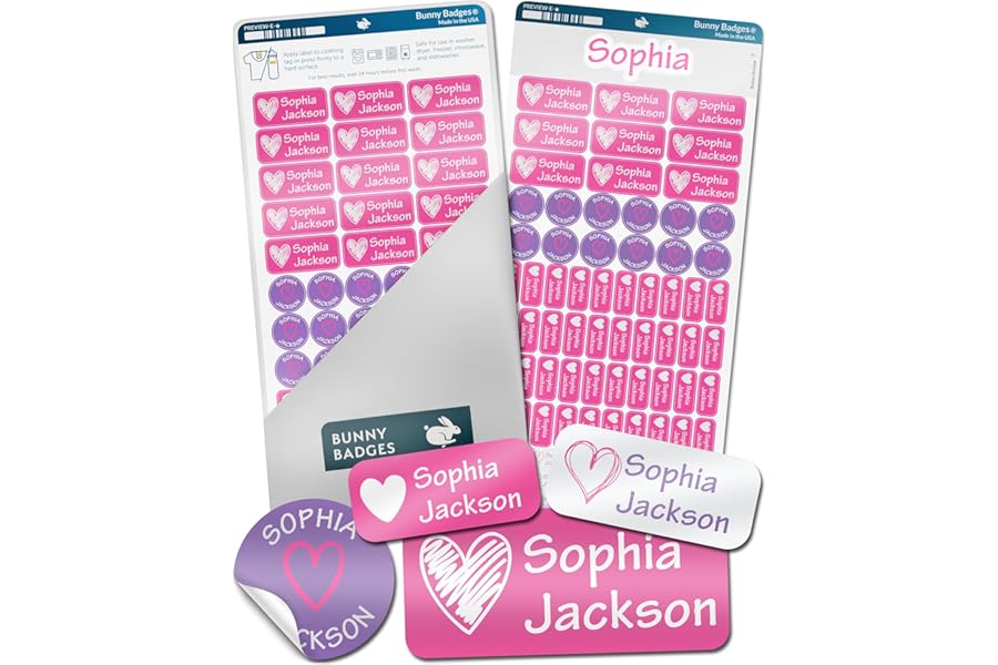 Bunny Badges Personalized Daycare Name Labels for Kids (130 Labels) - Custom Waterproof Name Stickers for Clothing Tags, Water Bottles, Lunch Boxes and School Supplies (Hearts)