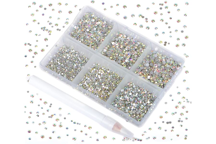 Bymitel 7200 Pieces 6 Mixed Sizes Glue Fix on Glass Rhinestones Round Crystal Gems Flatback for DIY Jewelry Making with one Picking Pen (6-Sizes 7200PCS, Crystal AB)