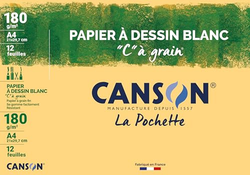 CANSON "C" à Grain - Pochette 12 feuilles de papier dessin blanc A4 - 180g/m²