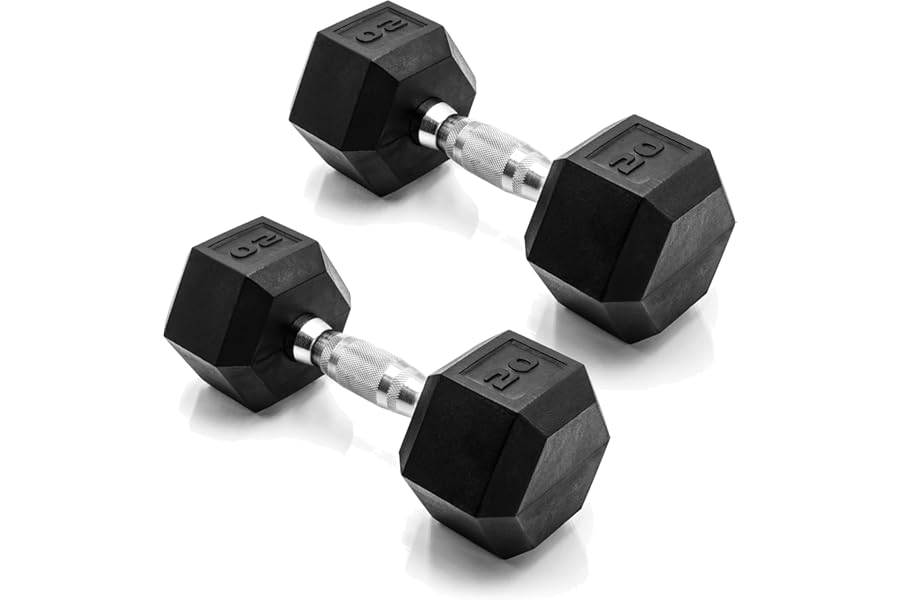 CAP Rubber Coated Dumbbell Weights, Free Weights for Home Gym Strength Training, Anti-Roll Hex Dumbbells with Black, Chrome & Comfort Grip Handles, Pairs & Sets