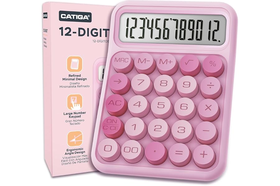 CATIGA Mechanical Switch Calculator, Pink Calculator with 12 Digit Large LCD Display & Big Buttons for Office Desk, Classroom Math, Back to School Supplies, Cute Aesthetic Desk Accessories
