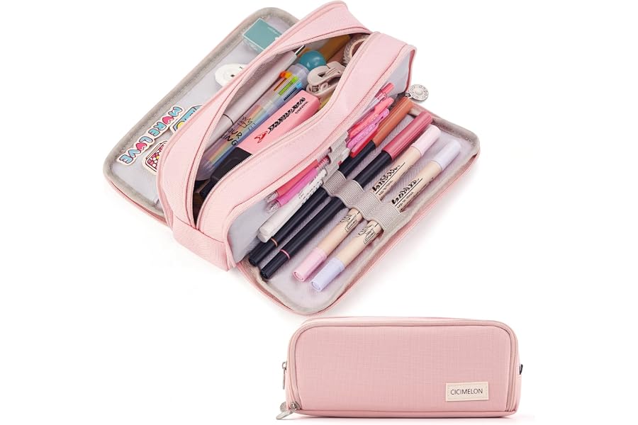 CICIMELON Large Capacity Pencil Case 3 Compartment Pouch Pen Bag for School Teen Girl Boy Men Women (Pink)