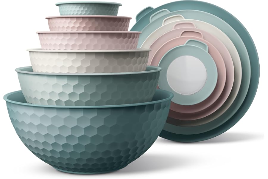COOK WITH COLOR Mixing Bowls with Lids - 12 Piece Plastic Nesting Bowls Set includes 6 Prep Bowls and 6 Lids, Microwave Safe Mixing Bowl Set, Teal Embossed