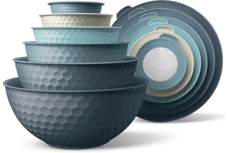 COOK WITH COLOR Mixing Bowls with Lids - 12 Piece Plastic Nesting Bowls Set includes 6 Prep Bowls and 6 Lids, Microwave Safe Mixing Bowl Set, Blue Embossed