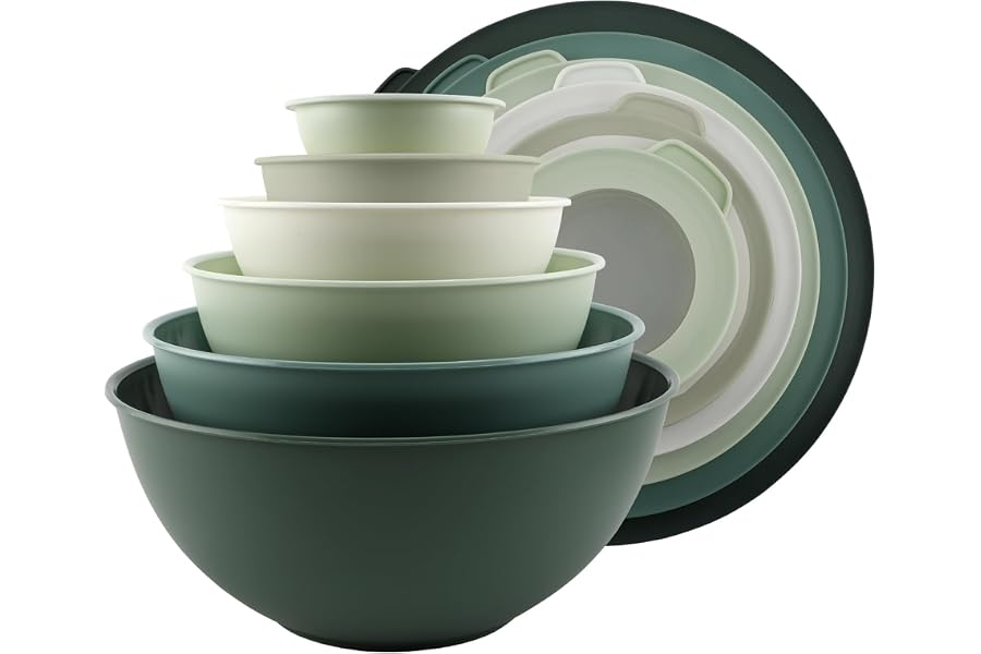 COOK WITH COLOR Mixing Bowls with TPR Lids - 12 Piece Plastic Nesting Bowls Set includes 6 Prep Bowls and 6 Lids - Microwave Safe (Sage)