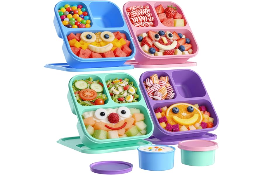 Canfanni 4 Pcs Bento Box Set, Reusable 3 Compartments Snack Boxes with 2 Leakproof Small Containers, Stackable Meal Prep Lunch Containers for School, Work, and Travel