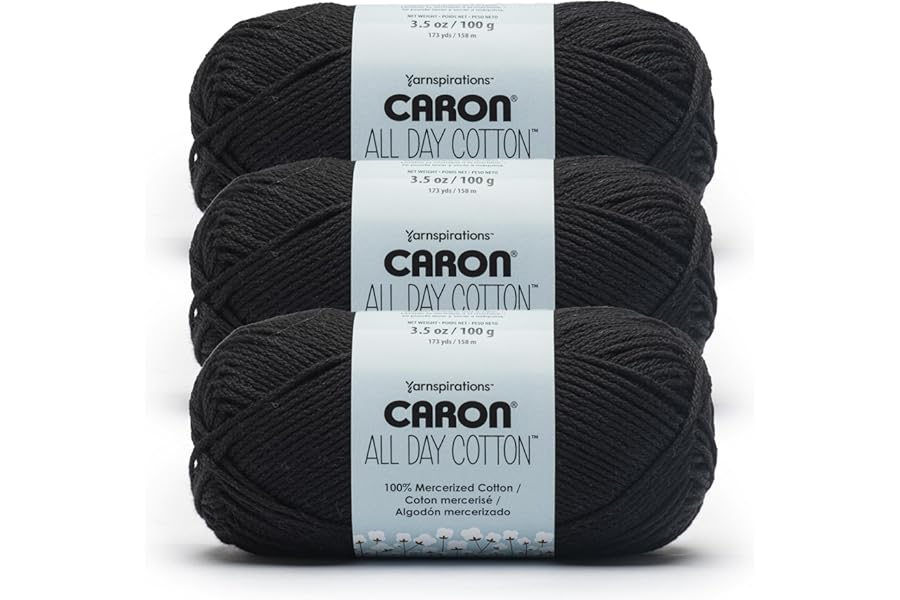 Caron All Day Cotton - 3 Pack of 173 Yards/3.52 oz Black 100% Mercerized Cotton Yarn