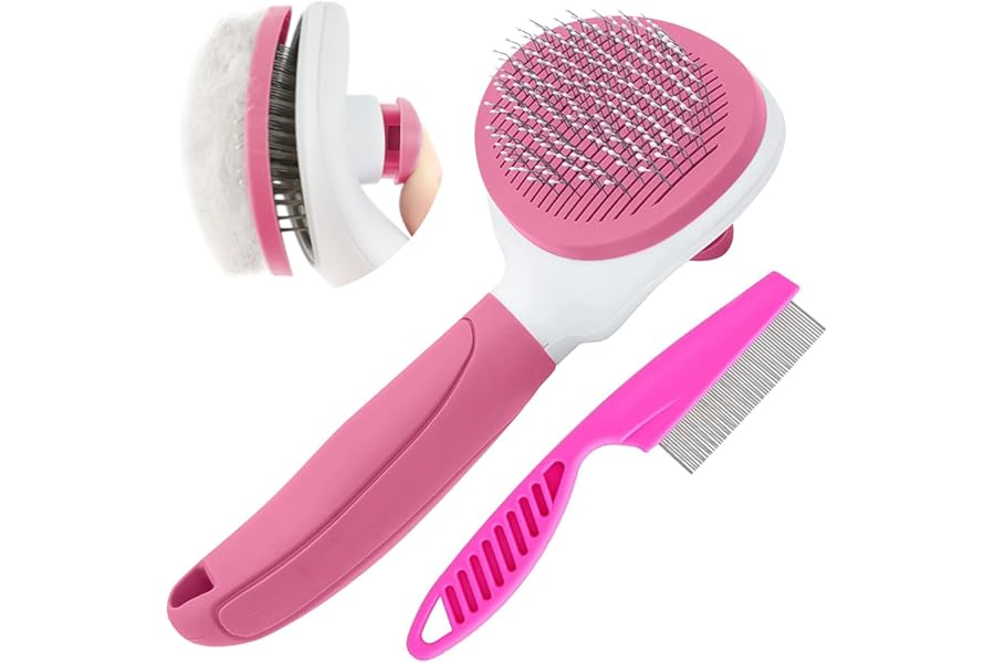 Cat Brushes for Indoor Cats, Dog Brush for Shedding with Metal Cat Comb, Self Cleaning Pet Hair Brush with Release Button for Grooming Kitten(Pink)