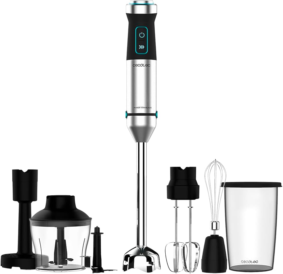 Cecotec Batidora de mano Power TitanBlack 1500 XL PerfectCream&Crush. 1500 W, Tecnología CrossBlades con Cuchillas de 4 hojas, Pie XL, Incluye Picadora, Varillas batidoras y Pasapurés
