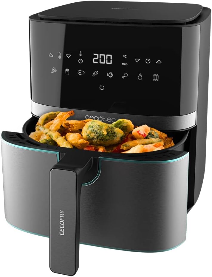 Cecotec Freidora sin Aceite de 5,5 L de Aire Caliente Cecofry Full InoxBlack 5500 Pro. 1700 W, Dietética y Digital, Panel Táctil, Acabados en Acero Inox, Tecnología PerfectCook, Termostato, 8 Modos | 1700 W, Dietética y Digital, Panel Táctil, Acabados en Acero Inox, Tecnología PerfectCook, Termostato, 8 Modos