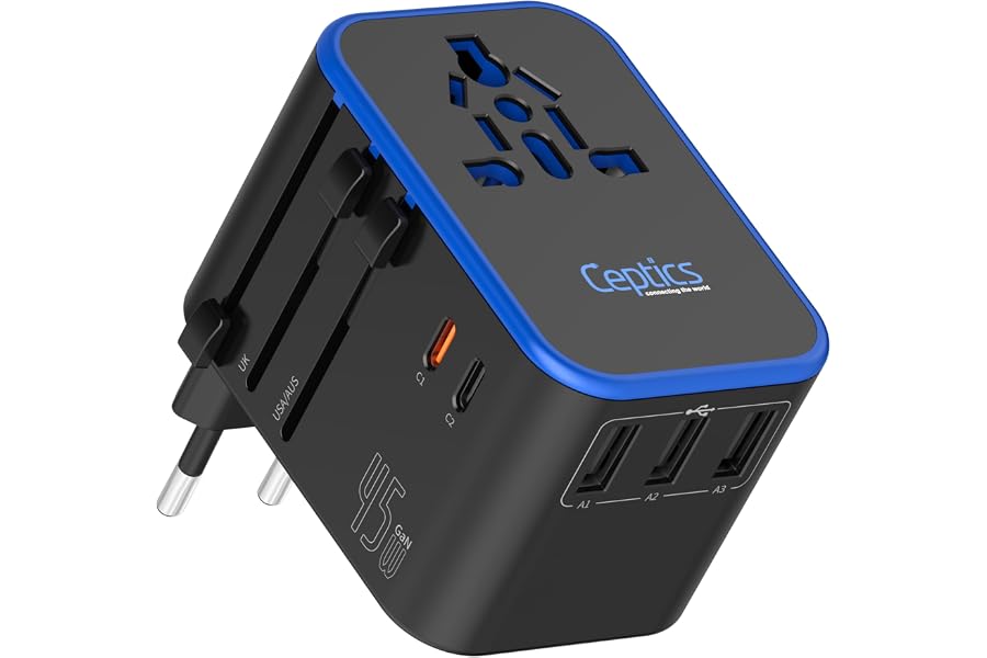 Ceptics Universal Travel Adapter, 45W International Power Adapter with PD & QC 3.0 Dual USB-C, 3 USB Travel Adapter Worldwide, Type I C G A Outlets - EU Euro US UK (11-KU)