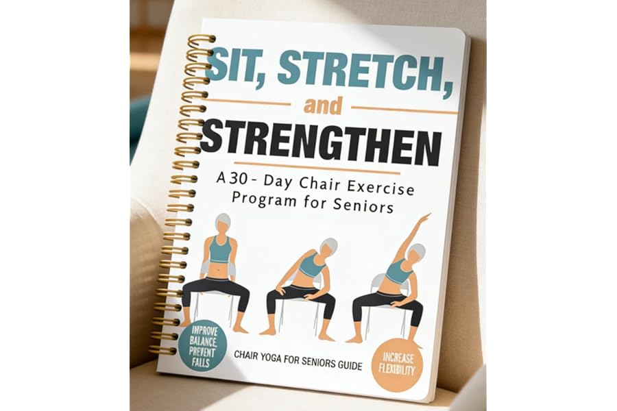 Chair Yoga for Seniors Over 60 Book, 3-Person Illustration Cover with Exercise Chart, Gentle Poses for Weight Loss and Mobility, Senior Workout Guide