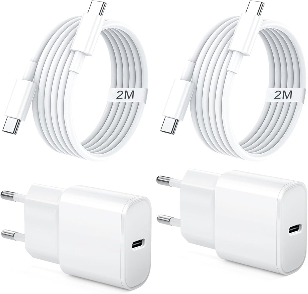 Chargeur Rapide pour iPhone 17 16 15, 2Pack 20W Chargeur USB C et 2M Type C Câble Charge Secteur Mural Adaptateur Alimentation pour iPhone 17/17 Air Pro Max/16 Pro Max/15 Pro Max, USB C Prise