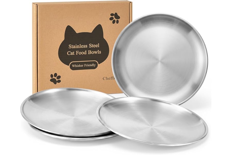 ChefBee 4PCS 6.7" Stainless Steel Shallow Cat Bowls, Whisker Friendly | Flat Shallow Wide Design, Food & Water Dishes, Easy t