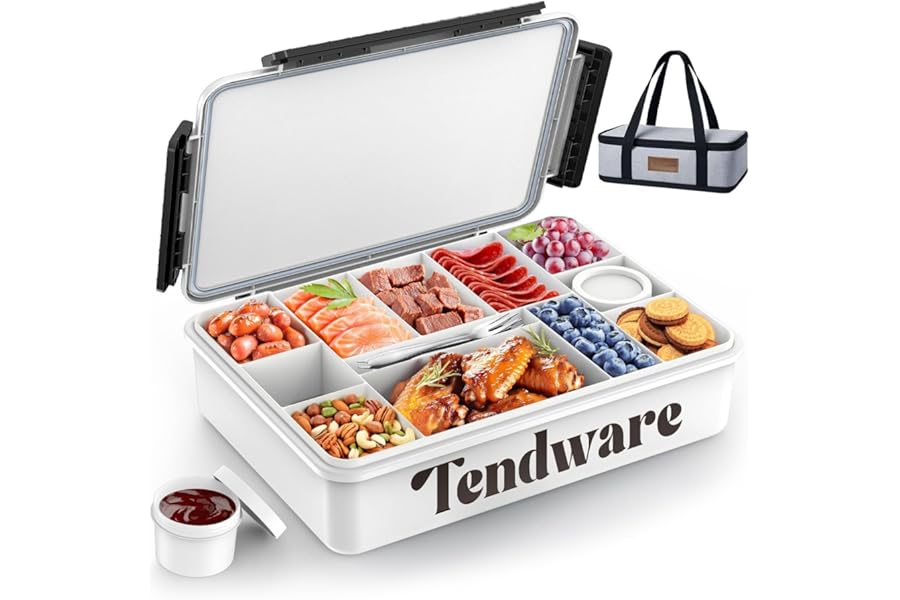 Chilled Portable Snackle Box Container with Ice Pack, Divided Serving Tray with Insulated Bag, Beach Essentials for Summer, Snack Containers for Road Trip Charcuterie Snack Picnic, White