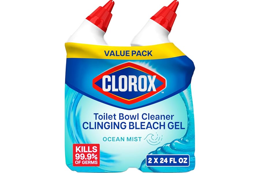 Clorox Toilet Bowl Cleaner Clinging Bleach Gel, Kills 99.9% of Bacteria and Viruses, Ocean Mist, 24 Fl Oz, Pack of 2