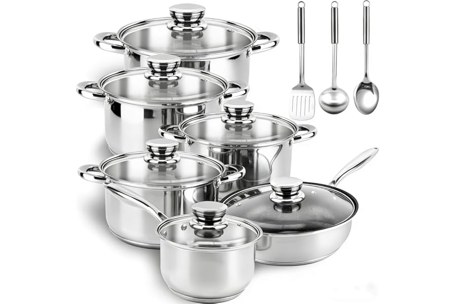 Colourcoco Stainless Steel Cookware Set Pots and Pans- 15 Pieces Nonstick Pot and Pan Set Includes 1 Frying Pans, 5 Pots, 6 Lids and 3 Utensils, with Stay Cooling Handle, Induction & Oven Safe