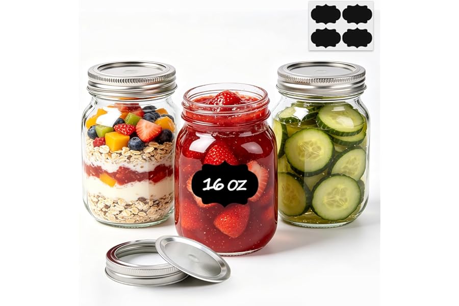 ComSaf 16 oz Regular Mouth Mason Jars, 3-PCS Safety-Button Lids | Button seal indicator/airtight, Pint soda-lime glass, BPA free, Canning safe, Freezer/dishwasher safe, Meal Prep Storage
