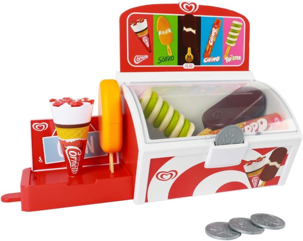Congelador Oficial de Helados Frigo Casdon para Juego de Tienda. Incluye Puesto desplegable, Monedas y 5 Helados Frigo de Juguete. Apto para niños Desde 2 años