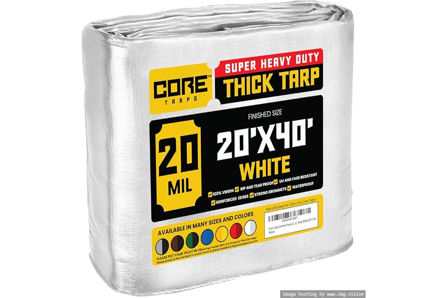 Core Tarps Extreme Heavy Duty 20 Mil Tarp Cover, Waterproof, UV Resistant, Rip and Tear Proof, Poly Tarpaulin with Reinforced Edges for Roof, Camping, Patio, Pool, Boat (White 20′ X 40′)