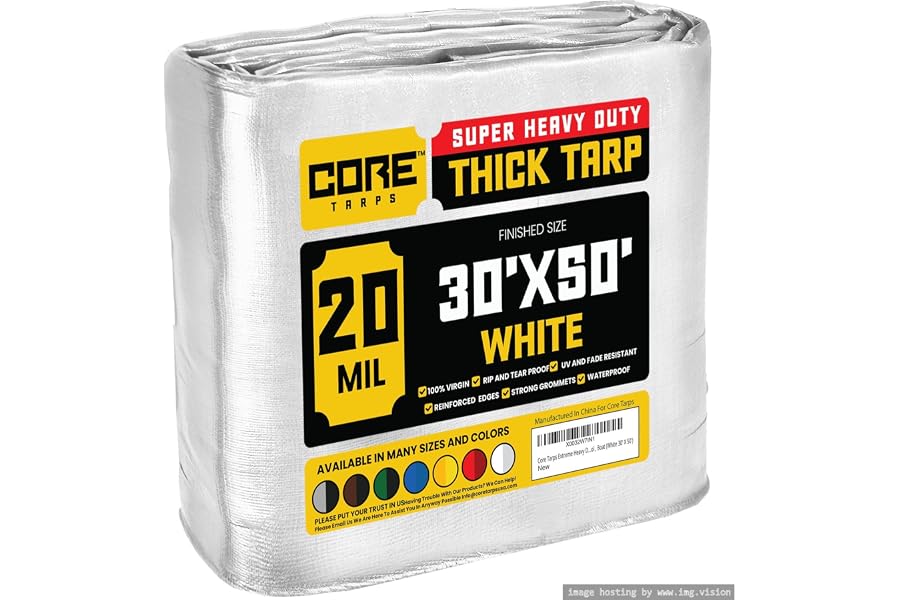 Core Tarps Extreme Heavy Duty 20 Mil Tarp Cover, Waterproof, UV Resistant, Rip and Tear Proof, Poly Tarpaulin with Reinforced Edges for Roof, Patio, Pool, Boat (White 30′ X 50′)