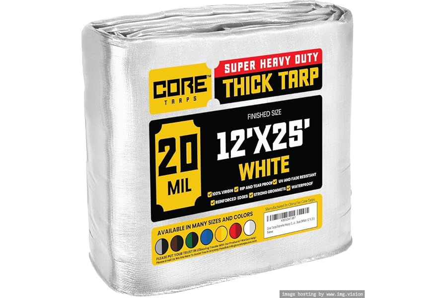 Core Tarps Extreme Heavy Duty 20 Mil Tarp Cover, Waterproof, UV Resistant, Rip and Tear Proof, Poly Tarpaulin with Reinforced Edges for Roof, Patio, Pool, Boat (White 12′ X 25′)