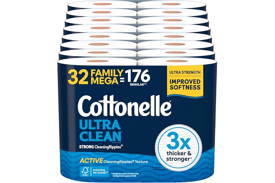 Cottonelle Ultra Clean Toilet Paper with Active CleaningRipples Texture, Strong Bath Tissue, 32 Family Mega Rolls = 176 Regular Rolls (8 Packs of 4)
