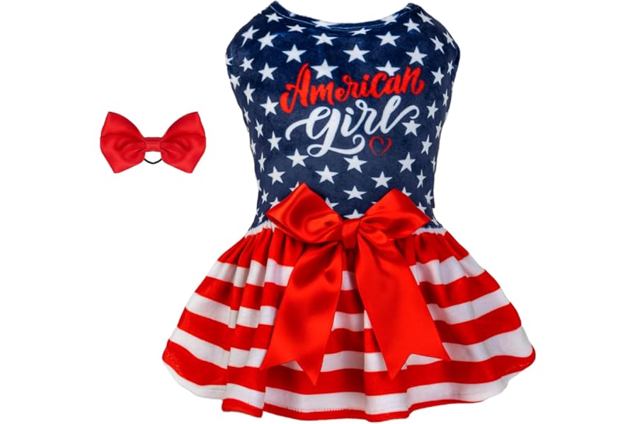 CuteBone Dog Dresses Velvet 4th of July Small Dogs Clothes Onesie Pet Apparel Girl Puppy Skirt with Bow Hair Rope